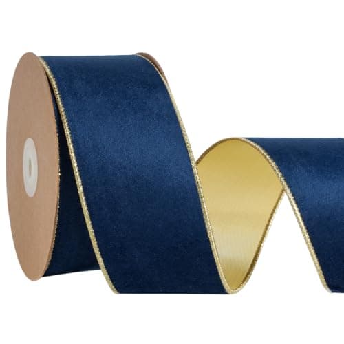 LaRibbons Navy Velvet Wired Ribbon, Gold Edge and Metallic Back