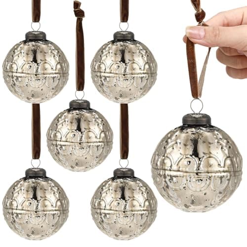 Threan 6 Pcs Mercury Glass Christmas Ornaments, Champagne Etched