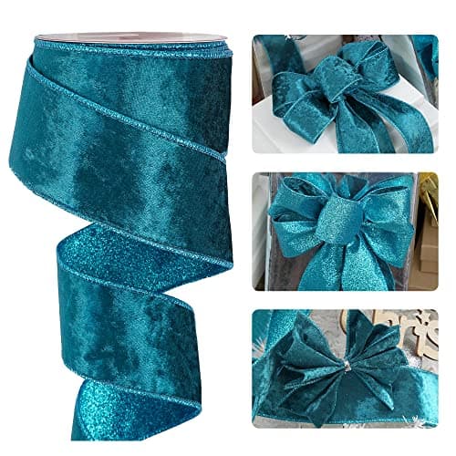 HUIHUANG Teal Velvet Wired Christmas Ribbon