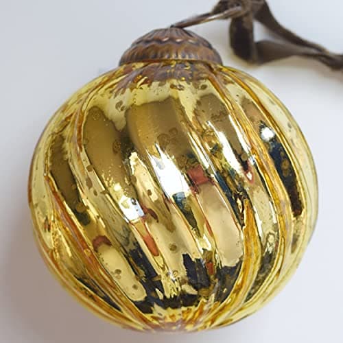 Set of 4 Gold Mercury Glass Ornaments, Classic Twist Ball