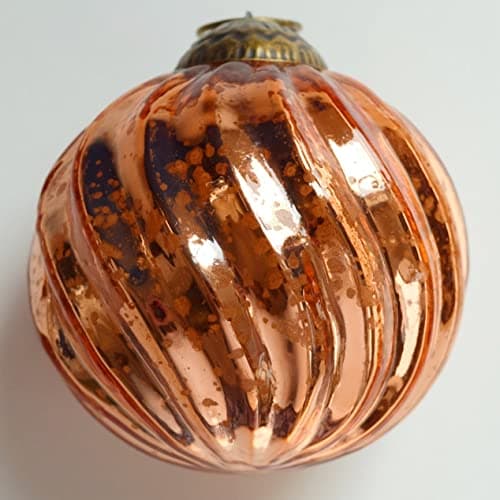 Set of 4 Rose Gold Pink Copper Mercury Glass Ornaments, Classic Twist Ball
