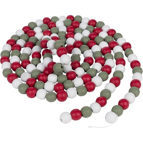 One Holiday Way 9-Foot Rustic Red, Sage Green and White Wood Bead Garland