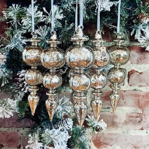 Mercury Glass Christmas Ornaments, Set of 6 Hand Blown Hand Silvered Finials